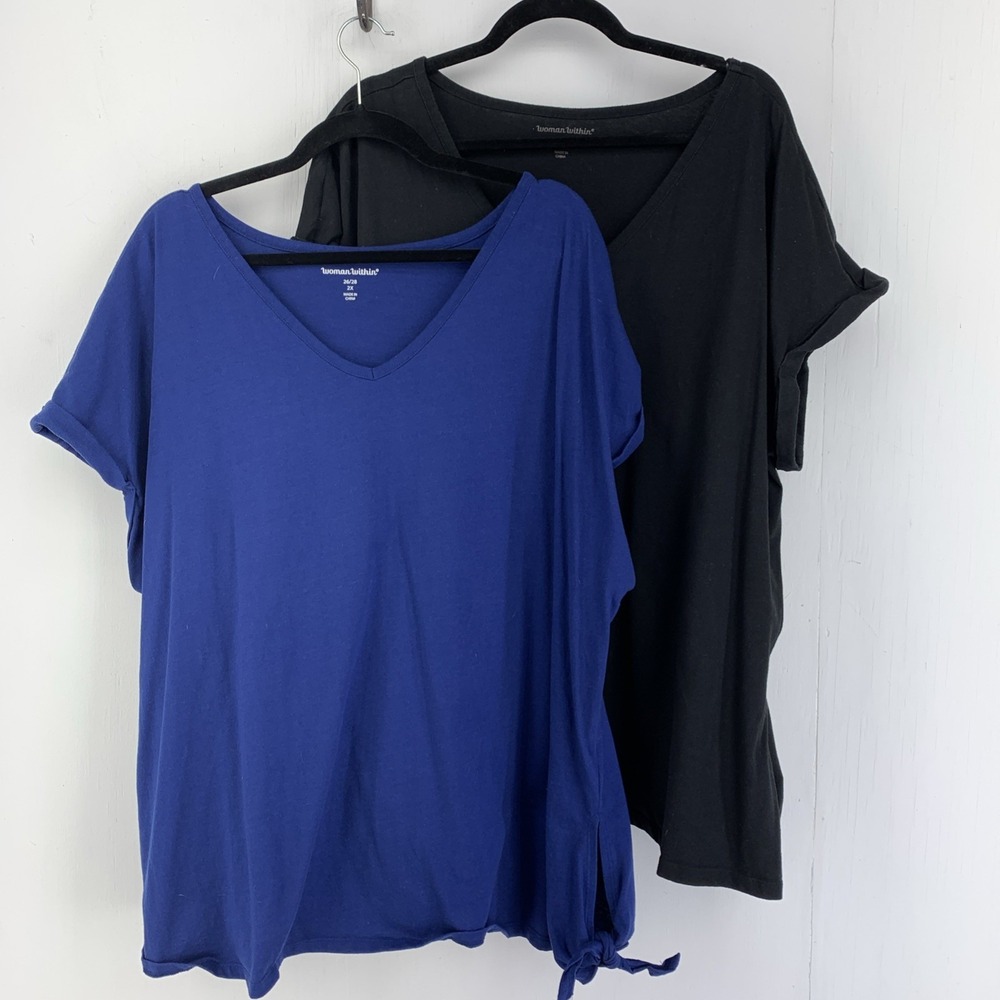 Women Within Womens 2X 26 28 Basic Tshirt Cap Sleeve Side Tie Set/2 Blue Black